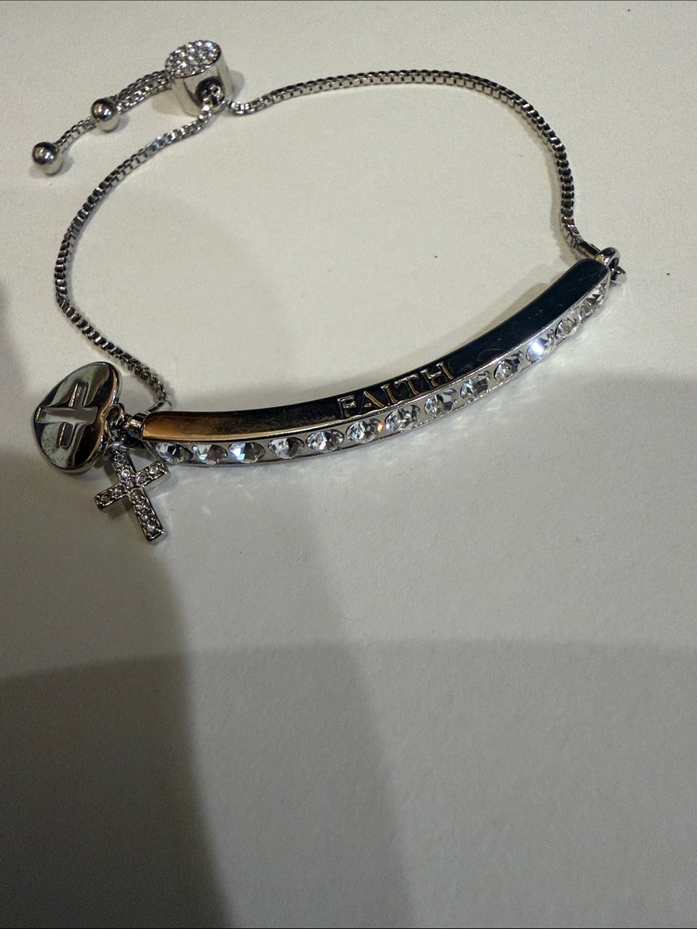 Silver 'Faith' Crystal Accent Adjustable Bracelet with Cross Charm